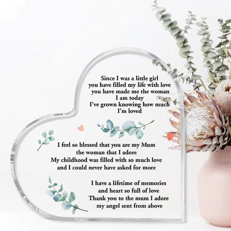 2D Flat Mom Gift Acrylic Heart Desktop Decoration Plaque, Home Decor Plaque Hanging Wall Art Decorative Garden Decoration for Room Door Signs Hanging