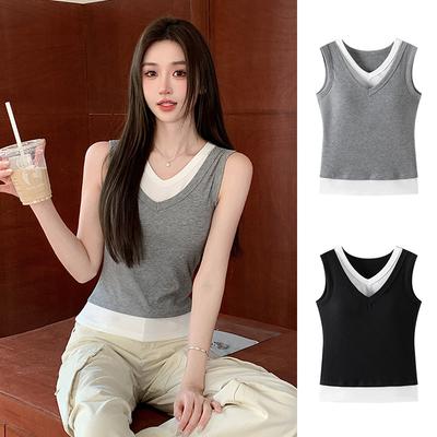 8 Contrast Color Fake Two-piece Collar Sling Vest for Women, Slim and Thin In Spring and Summer, with Chest Pad Inside and Bottom Top Outside