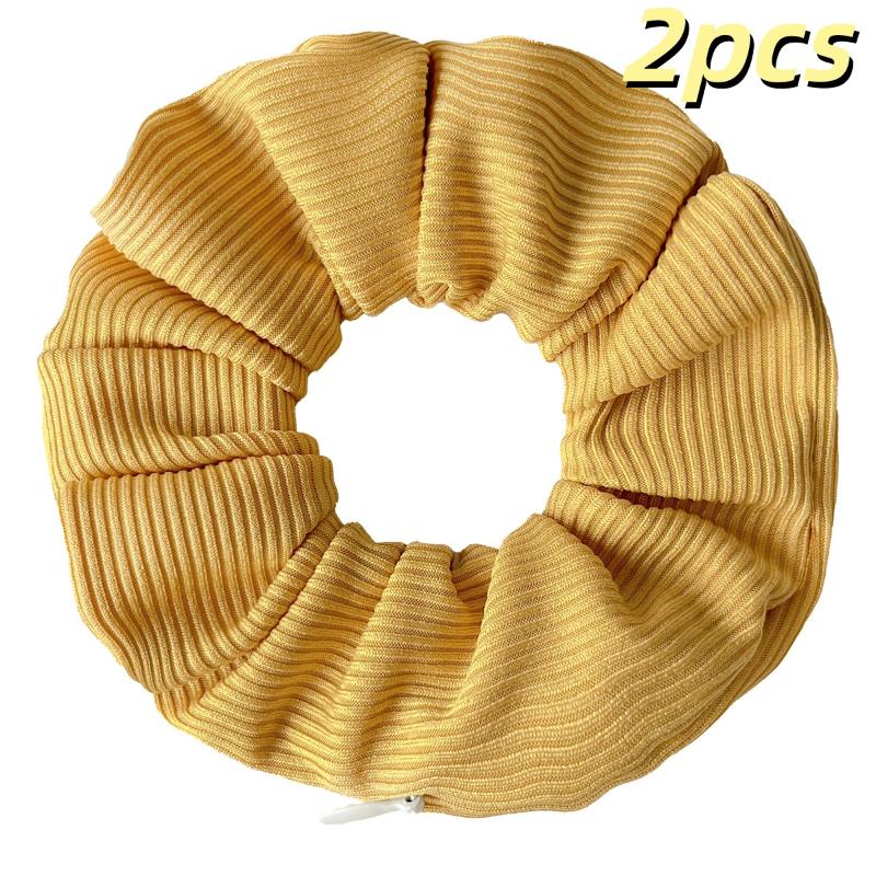 2Pcs Striped Knitted Fabric Solid Color Hair Band Hair Scrunchies With Pocket Zipper For Girls Ponytail Holder Bands