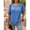 Women Round Neck Half Button Cold Shoulder Short Sleeve Solid Casual Blouse Top