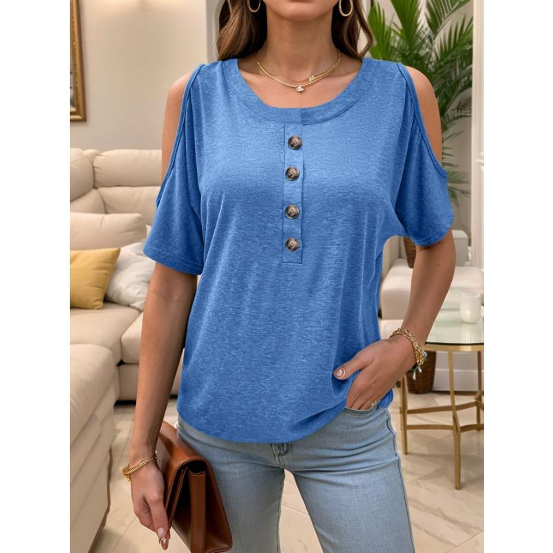 Women Round Neck Half Button Cold Shoulder Short Sleeve Solid Casual Blouse Top