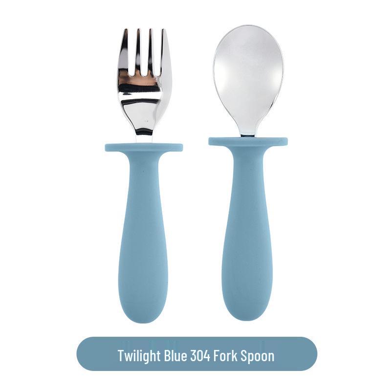 304 Stainless Steel Baby Feeding Set: Long-Handled Silicone Fork & Spoon