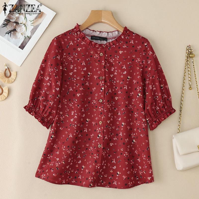 ZANZEA Women Casual Round Neck Short Sleeve Summer Floral Print Blouse
