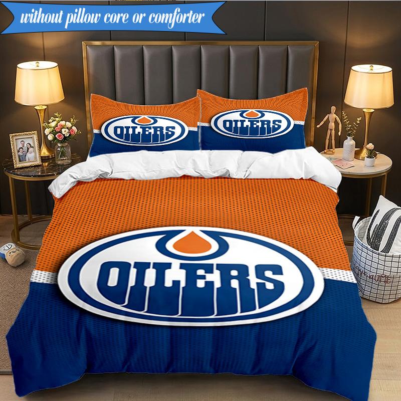 3PCS Edmonton Oilers Emblem Bedding Set,Including 1pc Duvet Cover And 2pcs Pillowcases Perfect for Bedroom, Dormitory, Fan Christmas Gift