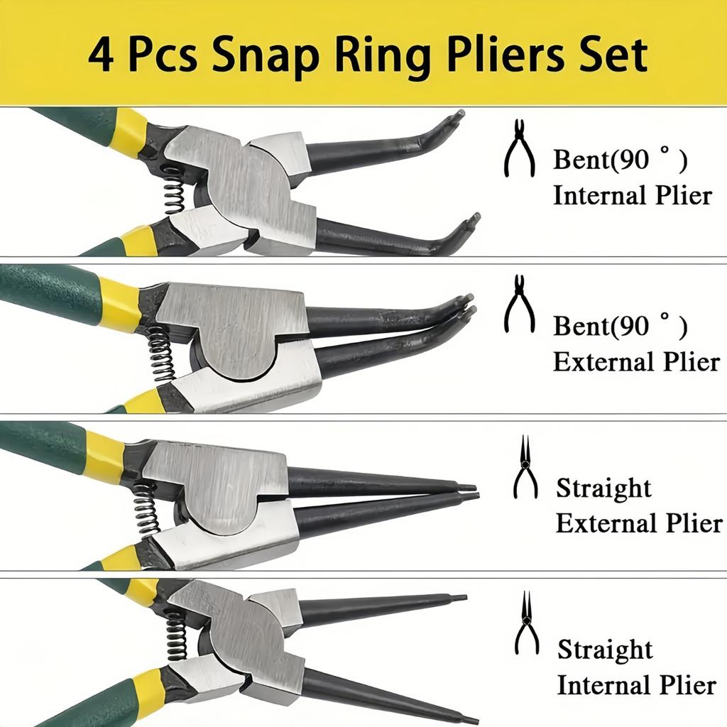 4pcs Professional Snap Ring Pliers Set, 7-Inch Heavy-Duty Internal/External Circlip Pliers with Straight/ Bent Tips, Durable Metal Construction,