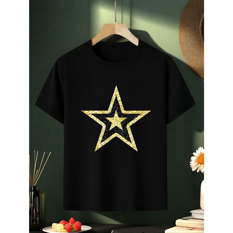 European sizes Girls' Soft  Star Print T-Shirt - Summer Casual Round Neck Top with Random Star Patterns, Suitable for Summer Outfits,, Playdates