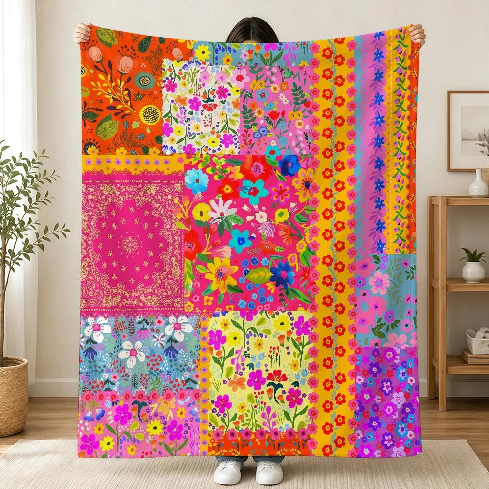 Bohemian Patchwork Style Vintage Floral Blanket Printed Flannel Soft Warm Cozy Season Nap Bed Sofa Travel Camping Gift Adult Kid