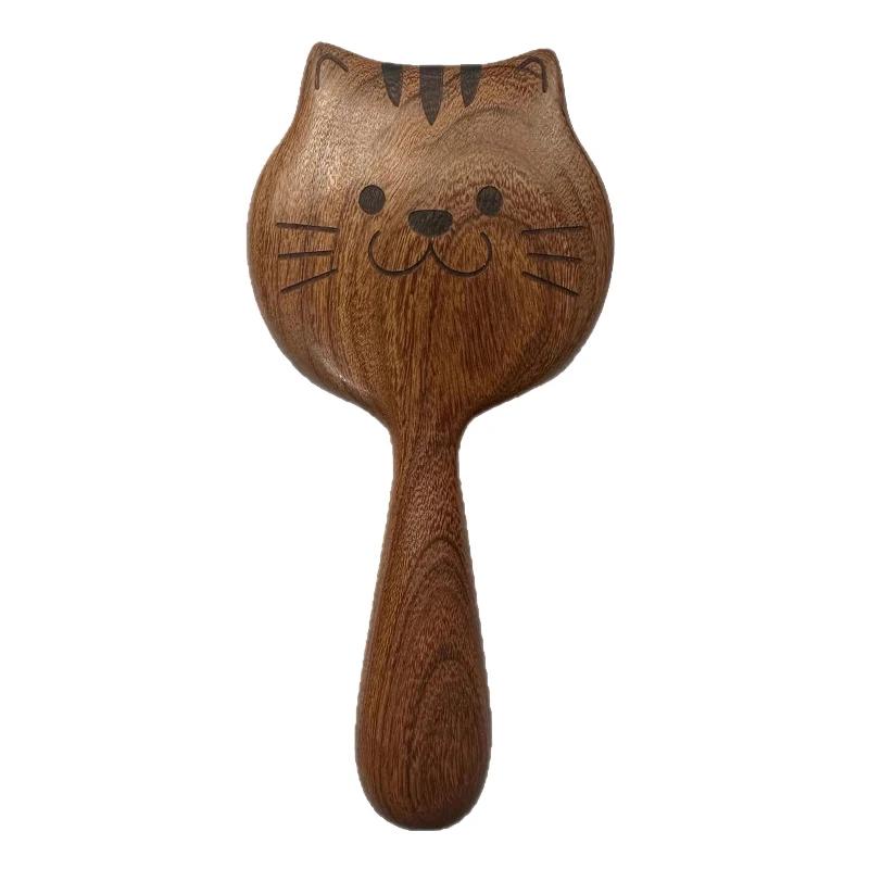 

Wooden cat-shaped massage brush, sandalwood cartoon scalp meridian comb, wide-tooth meridian massage comb, soothing scalp коричневый