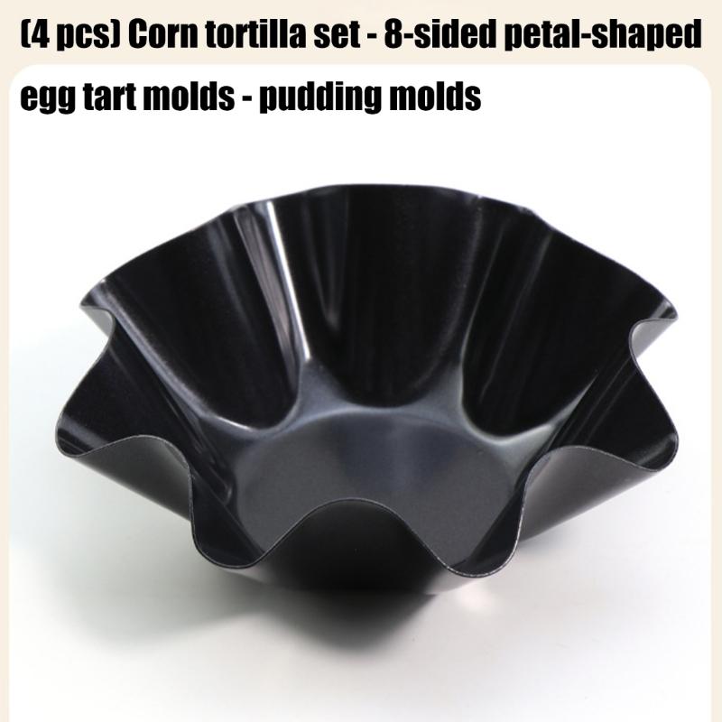 Set of 4 Multifunctional Fluted Flower Shape Cake Pan Carbon Steel Reusable Tortillas Shell Molds for Home Baking