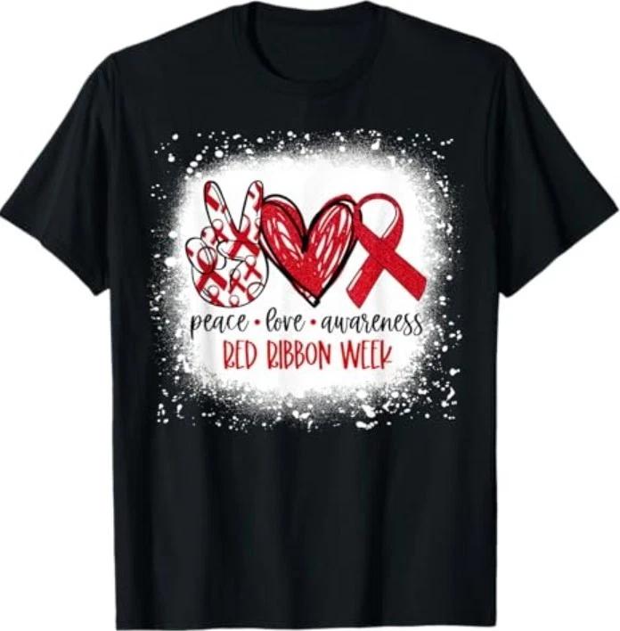 Peace Love Awareness Red Ribbon Week Drug Free Anti-Drug T-Shirt L