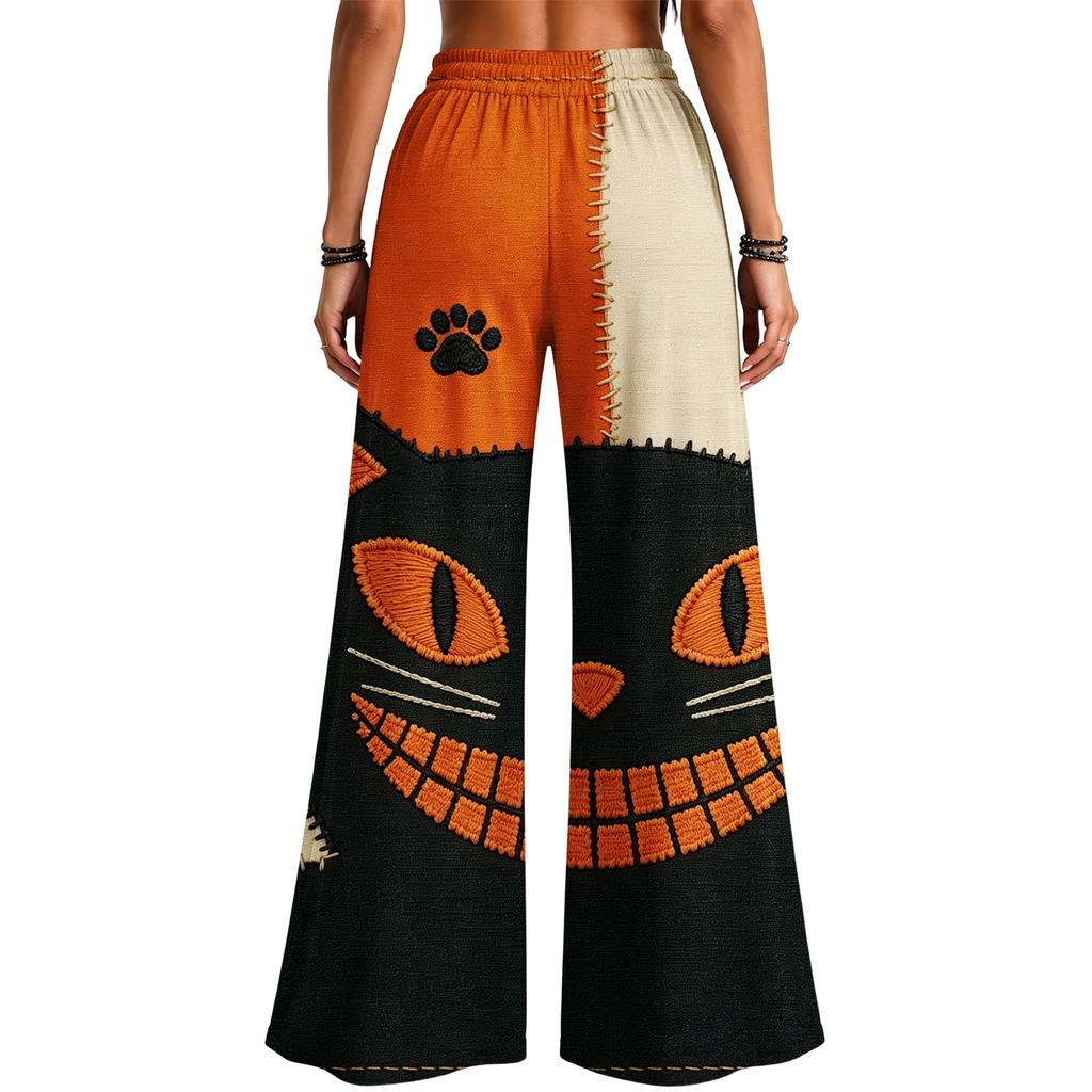 Women's Halloween Printed Patchwork Wide Leg Pants with Pockets Loose Fit Casual