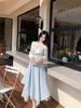 Temperament Blue Irregular Oblique Cut Splicing Strap Waist Strap Dress Fashionable Versatile Job Search Season Niche