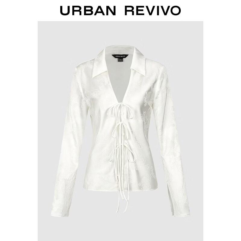 UR2026 Women s Floral Jacquard Lapel Tie-Front Shirt S