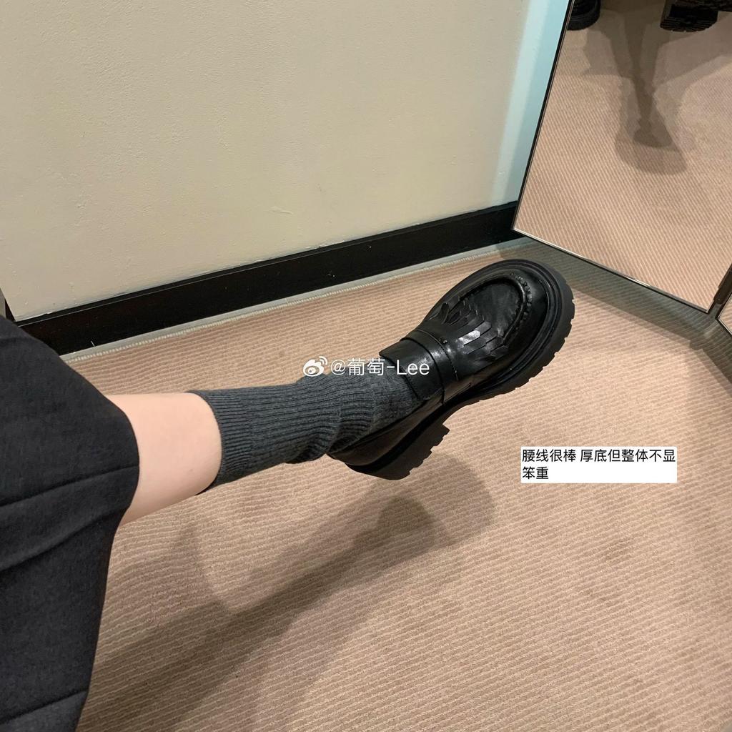 Grape Mother, the Same Round Head Double-layer Fringed Thick Sole Heightening Thick Heel Small Leather Shoes, One Pedal Versatile Shallow M