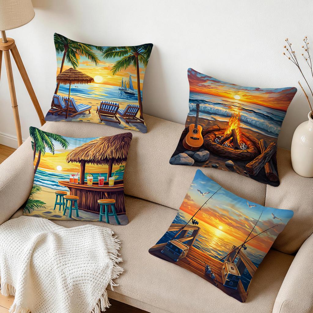 Pcs Tropical Beach Sunset Scenery Singlesided Printed Pillowcase Cushion Coversuitable For Living Roombedroomcar Decoration