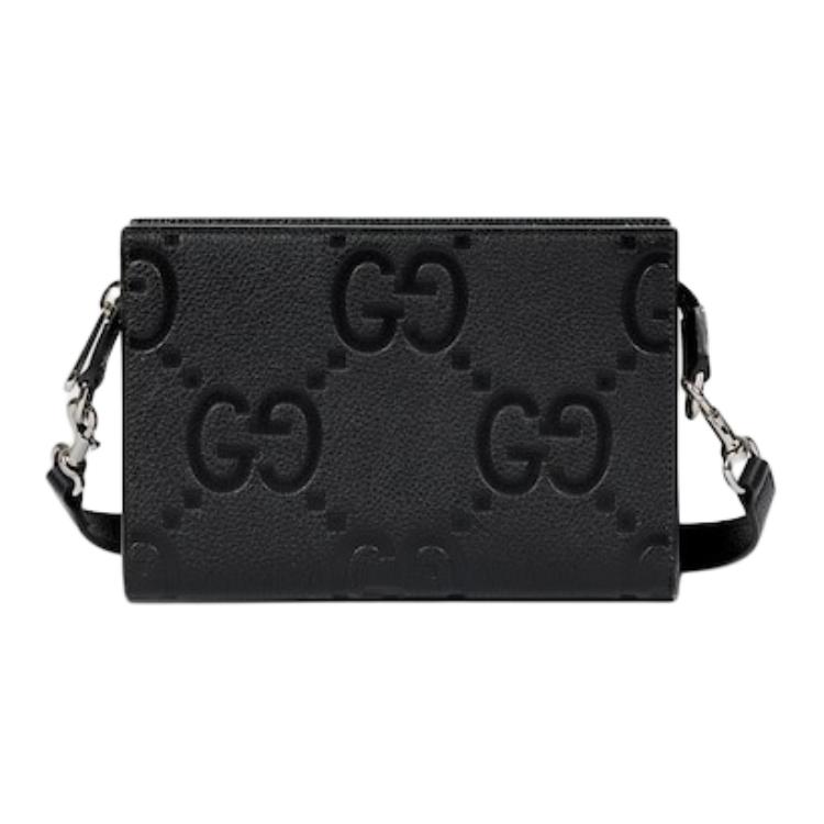 Gucci Pochette Zippée en Cuir Noir Gaufré GG Sac Bandoulière Pour Utilisation Quotidienne Unisexe