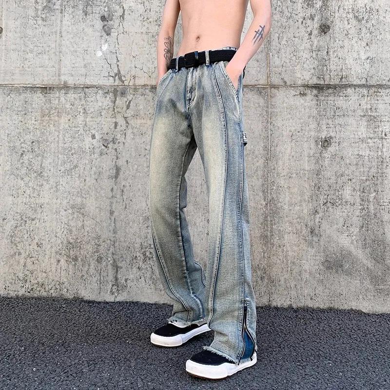 Modne Jeansy Bootcut z Zamkiem i Rozcięciem po Boku Odzież Męska Wysoki Stan Szerokie Cargo Jeansowe Spodnie Nogawka Retro Spodnie Cargo Streetwear