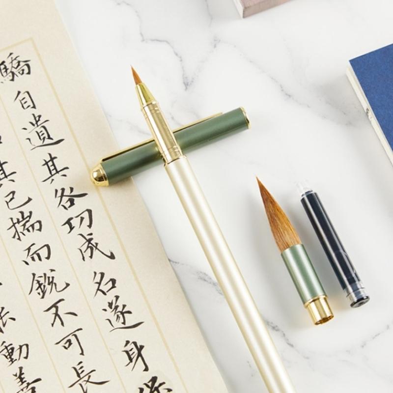 Metall Chinesischer Kalligraphiepinsel Sumi Malpinsel Regelschrift Schreibpinsel mit Tintenkonverter 4 Tintenpatronen