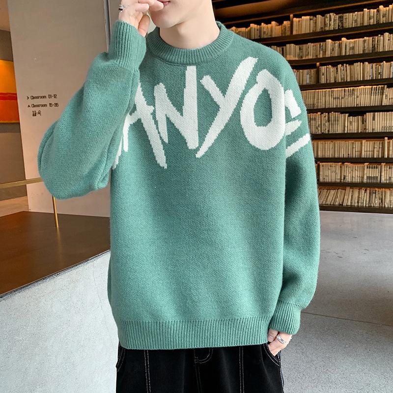 

Японский ретро-буквенный жаккардовый вязаный свитер мужской осенний модный бренд I свободный круглый вырез повседневный теплый свитер куртка 3XL зелёный