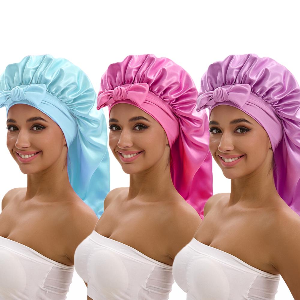 1/2/3pcs Satin Sleep Caps with Ribbon Tie - Black & Pink Polyester Night Hats for Long Hair Casual and Stylish Design