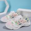 Atmungsaktive Sportschuhe für Damen in Übergröße, Flyknit Mesh, lässiger Einzelschuh, Blumendruck, farbige Vorderseite, Schnürung, flache Sohle, Sneaker, 35–43