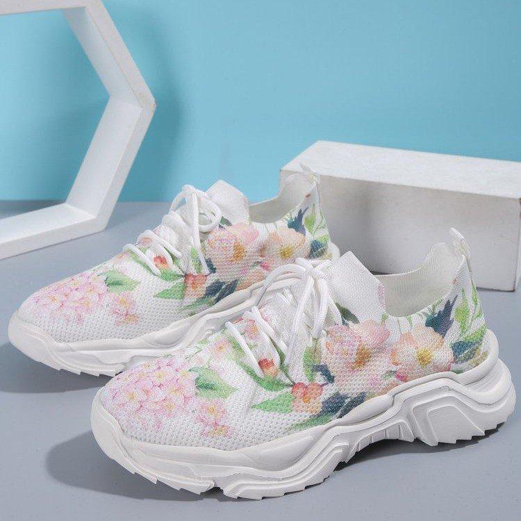 Atmungsaktive Sportschuhe für Damen in Übergröße, Flyknit Mesh, lässiger Einzelschuh, Blumendruck, farbige Vorderseite, Schnürung, flache Sohle, Sneaker, 35–43
