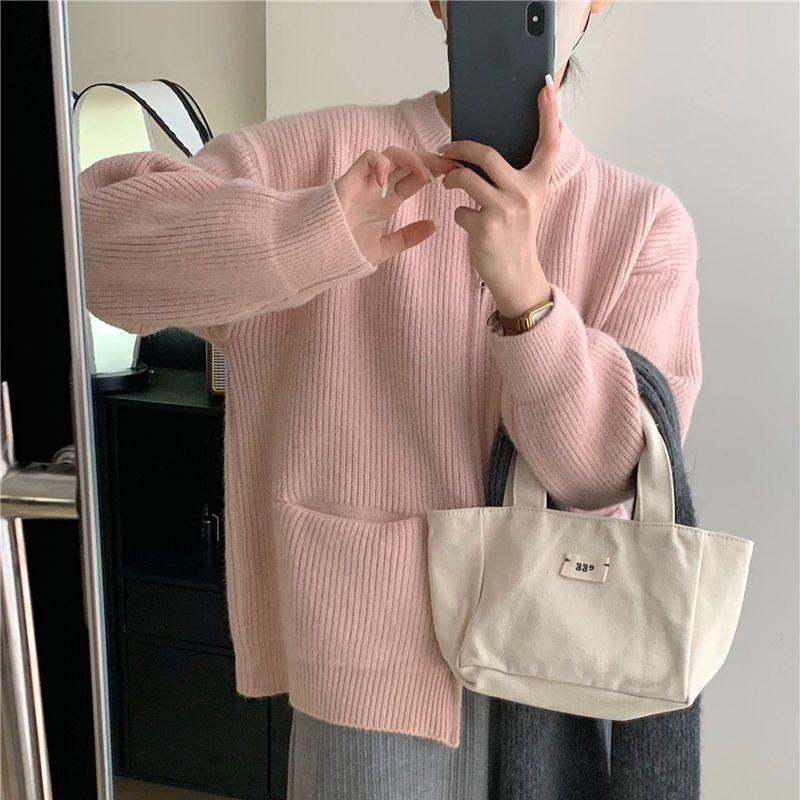 Korean Version Solid Sweater Cardigan Female Pocket Zippered Knit Jacket Spring and Autumn O Neck Sweater with Cardigan Sweater One Size 4350₽