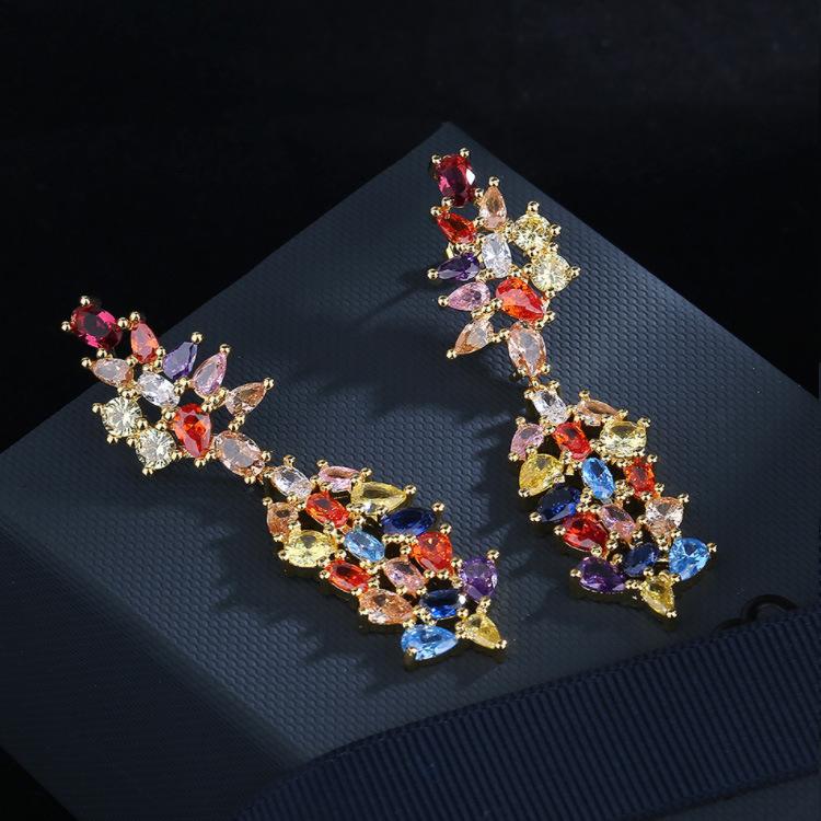 Zircon Earrings Colored Flower Long Fringed Heavy Industry Luxury Temperament Personality Exaggerated Earrings