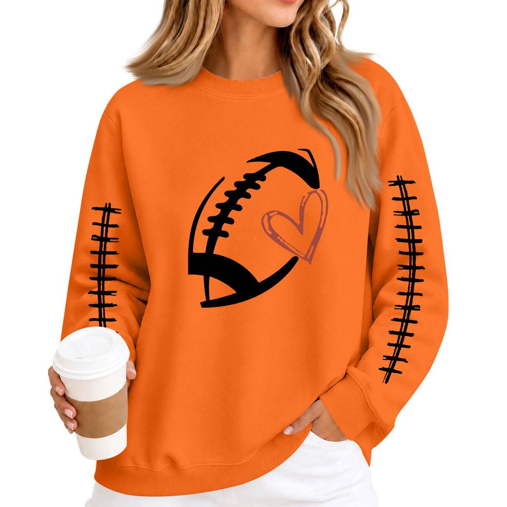 Women's Long Sleeve Round Neck Sweatshirt with Football Heart Both Sleeves, Trendy Casual Pullover