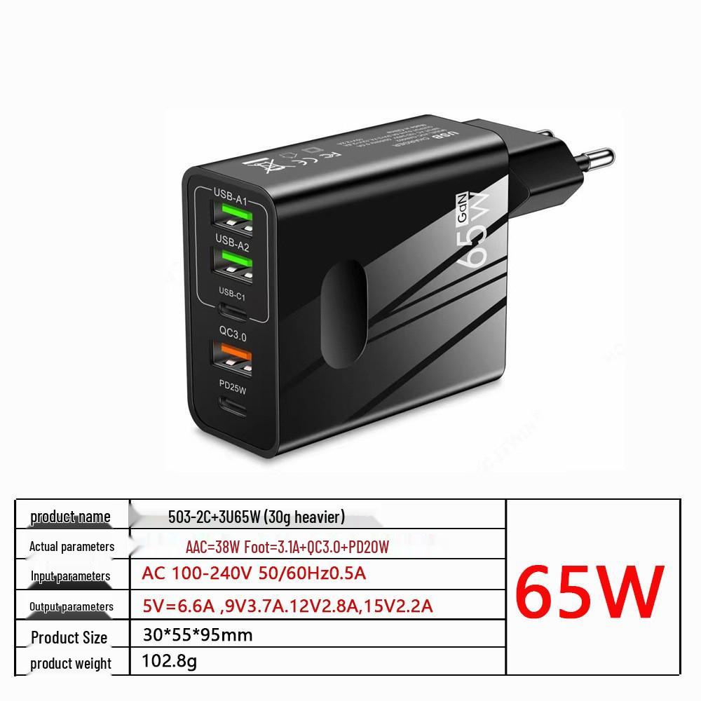 PD65W Schnellladegerät: 5V 5A Multi-Port-Adapter EU/US/UK mit PD + 3 USB-Anschlüssen