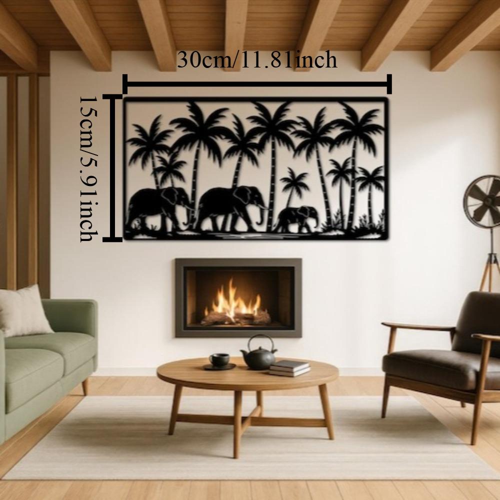 Handmade Metal Elephant Wall Art, Tropical Safari Decor, Jungle Palm Tree Wildlife Art, Nature Home Gift, African Safari Metal Sculpture 12in чёрный