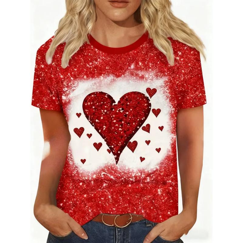 Fashion Women's Clothing Love Short Sleeve Crew Neck Short Sleeve Crew Neck T-Shirt 3D Love Rose Color Printing Rose Short Sleeve Tees