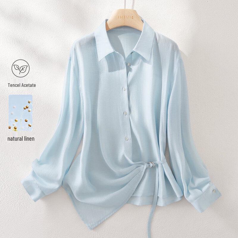 IHIMI Women s Linen Lyocell Blend Tie-Waist Shirt S