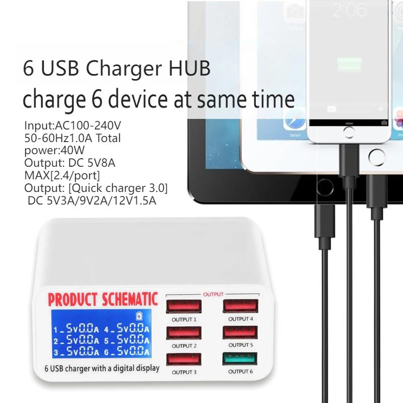 8A QC3.0 USB Charger with LCD Display, 6 Ports Desktop Mobile Phone Charger, Smart Fast Charging for Smartphones & Tablets