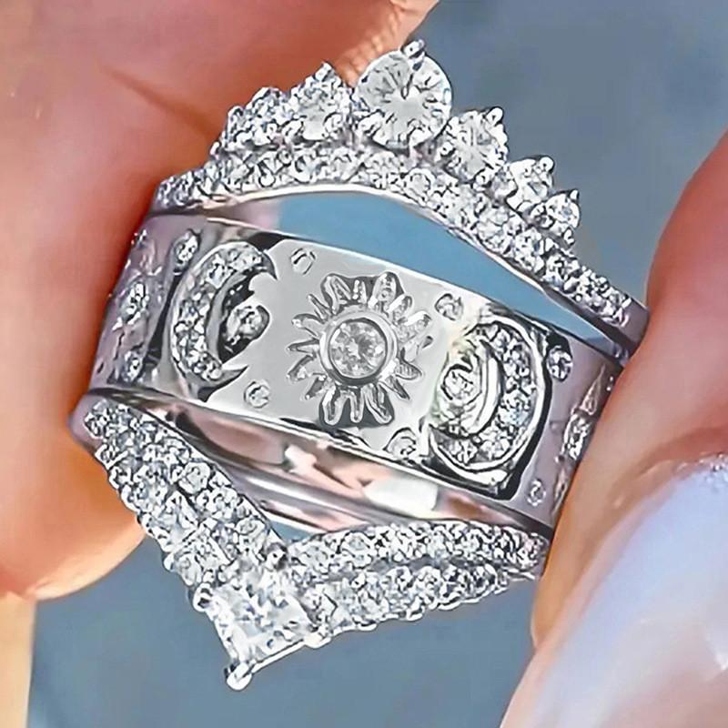 Kupfer Sonne und Mond Ring für Damen 3 Stück/Set AAA Zirkonia Krone Hochzeits Schmuck Geschenke 8 gray