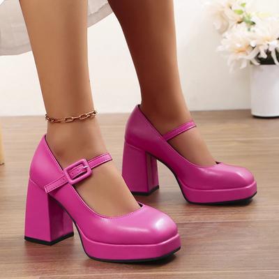 Women's High Heels Fashion Buckle PU Leather Thick Sole High Heels Daily Office Solid Color Square Toe Mujer Zapatos Large Size