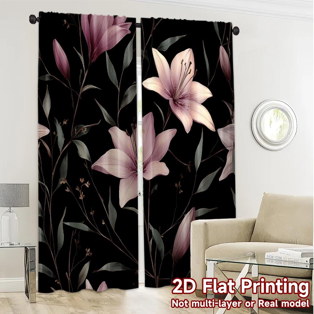 Set Of 2 Modern Flat Printing Curtains Without Rod Floral Elegance Black Fashionable Curtainments During Valentine Curtain Made Polyester