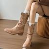 Leather Vintage Maillard Boots Inner Heightening Western Cowboy Pleated Khaki Pile Boots High Heel Knight Boots