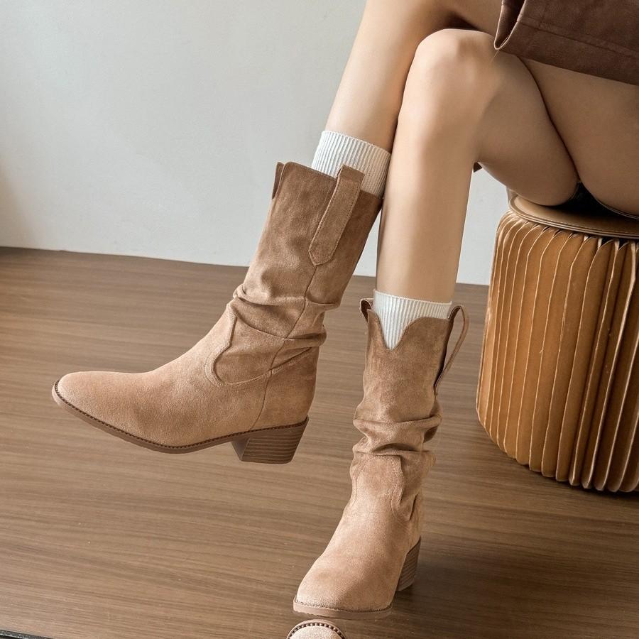Leather Vintage Maillard Boots Inner Heightening Western Cowboy Pleated Khaki Pile Boots High Heel Knight Boots