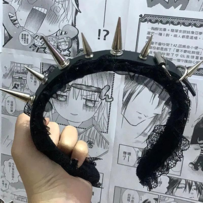 Vintge Punk Spike Lace Headband for Women Cosplay Accessory PU Leather Rivet Headwear Subculture Y2K Headdress Hair Accessories