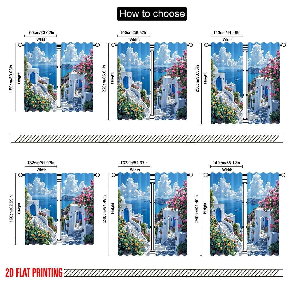 2D flat printing 2pcs Party Curtain Small town sea view Versatile Durable Polyester,Without Electricity Birthday Party Perfect