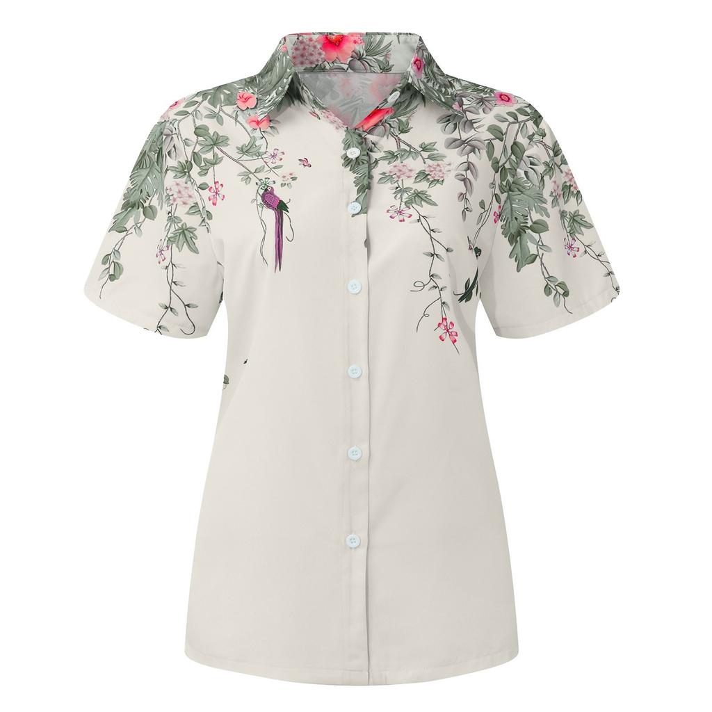 Women's Casual Fashion Floral Print Top Short Sleeved Loose Button Shirt
