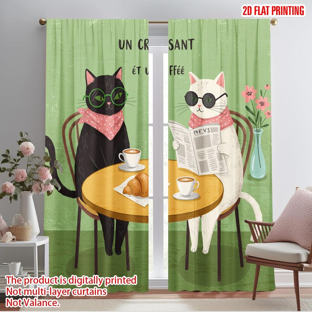 2pcs 2D flat printing Window Curtains Cute Cats Croissant Cafe Fabric Without Electricity Festive Curtains Perfect for General