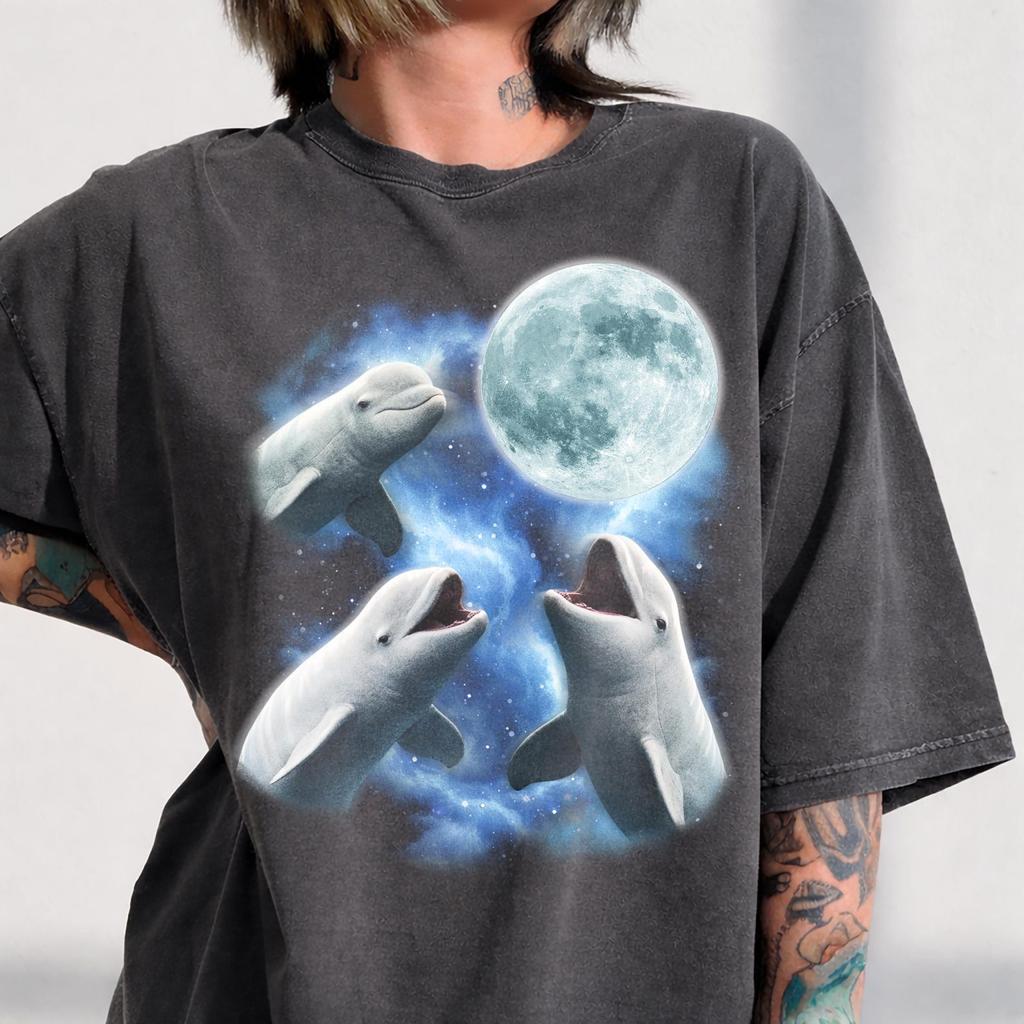 Three Belugas Howling Moon Graphic Shirt, Vintage Celestial Whale Tee
