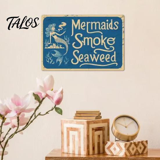 Handcrafted Metal Sign Mermaids Smoke Seaweed Rustic Wall Vintage Decorative Funny Doorbell Retro Nautical Art for Bedroom Living Room Coastal