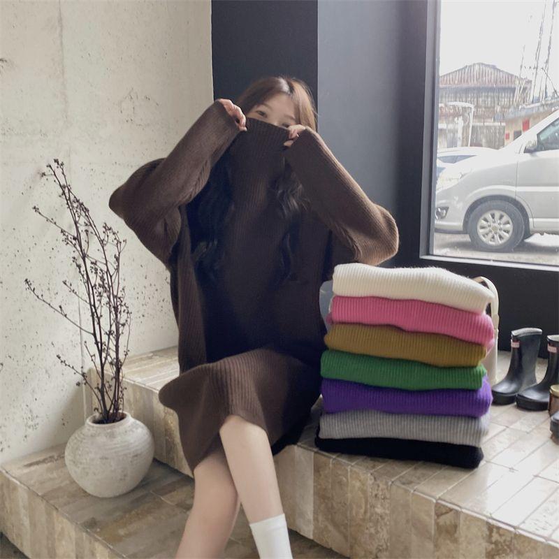 Winter Dress Turtleneck Batwing Long Sleeves Ribbed Warm Sweater Dress Ladies Autumn Winter Knitted Midi Dress