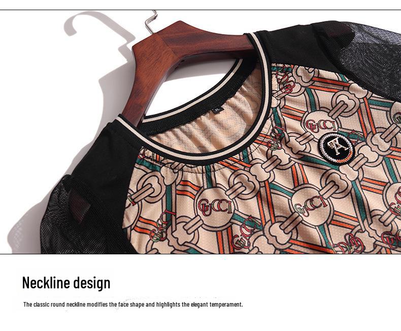 Summer 2023 Women's Mesh Splicing Short-Sleeve Cropped Pants Set - Fashionable Large Size Mother's Suit