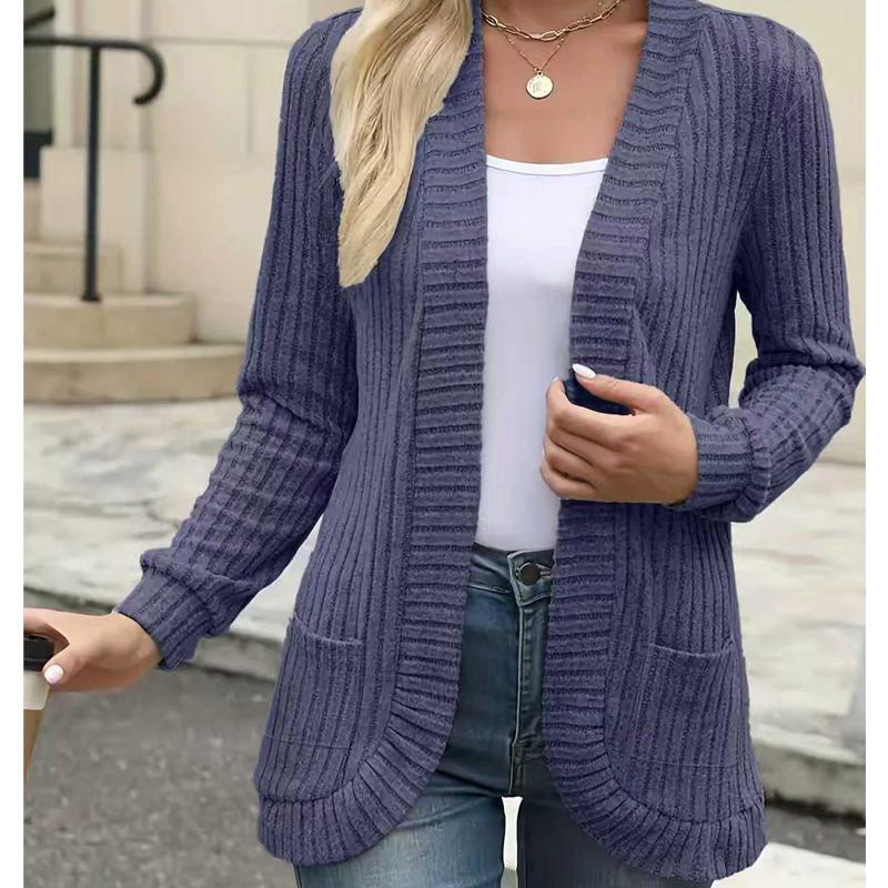 Frühlings- und Herbstmode Damen Einfarbig Lässige Rippstrick Gebürstete Strickjacke