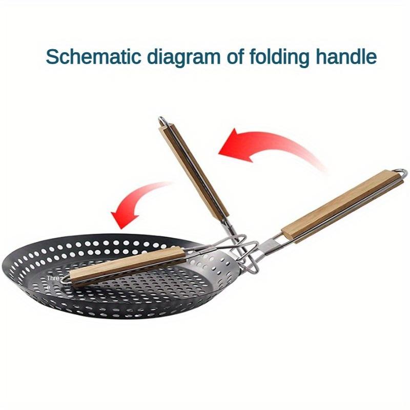 Perforated BBQ Grilling Pan with Folding Handle Non-Stick Round Barbecue Skillet Portable Outdoor Grill Basket for Backyard BBQ