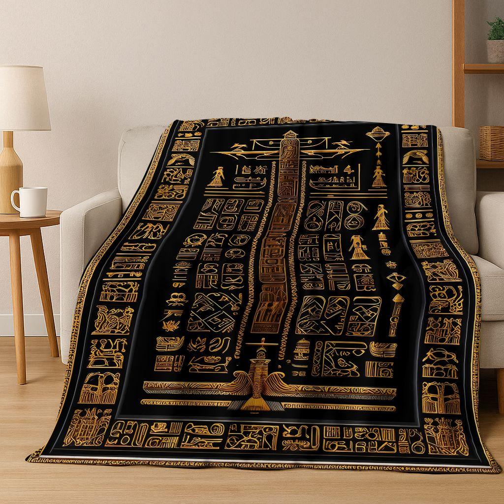 Ancient Egyptian Hieroglyphic Symbols Carved Murals Flannel Blanket,Cozy Soft Throw Blanket for Home Bedroom Bed Sofa Cover Gift